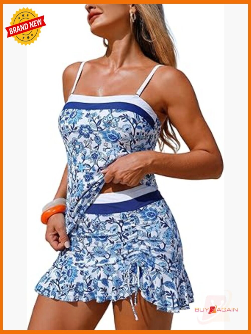 Bandeau Tankini 2 Piece Tummy Control Swim Skort Top High Waisted Skirt Bathing